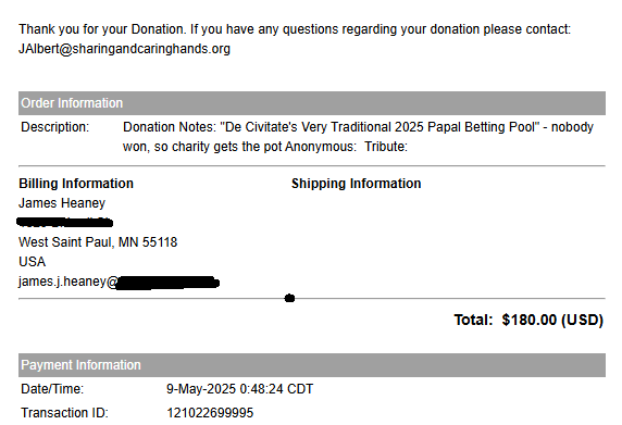 Screenshot showing the charity donation confirmation